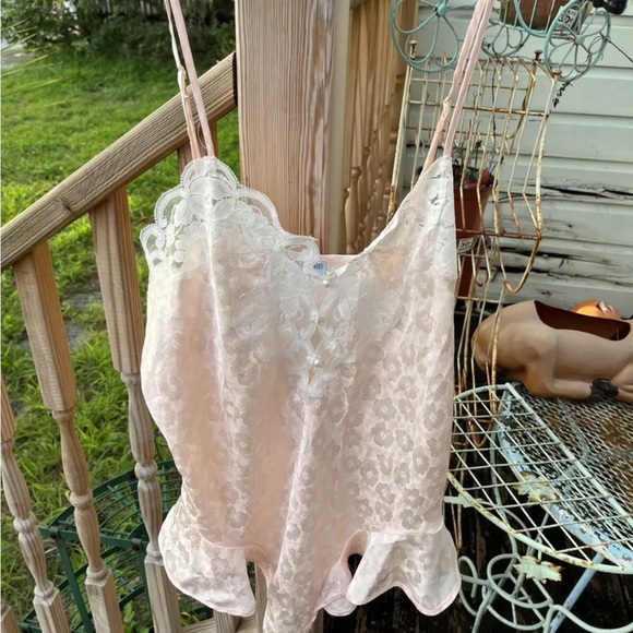 Henri Pierre Peach Floral Slinky Satin Lace Teddy Sz L Ruffle Hem Vintage 80 90s - Picture 6 of 6